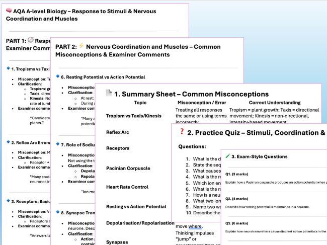 AQA A level Biology Revision Misconception & Practice Response, Nervous co-ordination, Muscles
