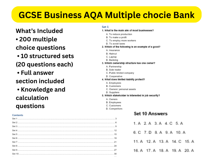 AQA GCSE Business – 200 Multiple Choice Questions Workbook (10 Sets + Answers | Exam Practice)