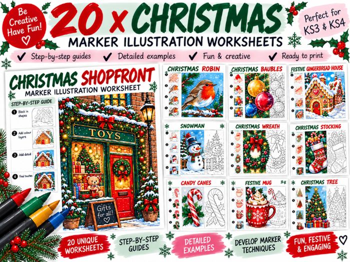 Christmas Art Worksheets Bundle | 20 Festive Marker Illustration Activities | Step-by-Step Drawing |