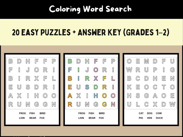 Coloring Word Search for Kids: 20 Easy Puzzles + Answer Key (Grades 1–2)