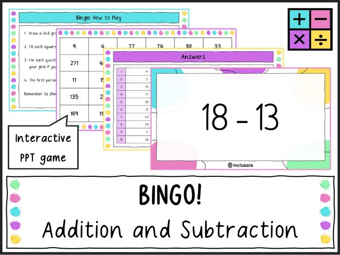 Addition and Subtraction Bingo Maths Games, Whole Class Activities