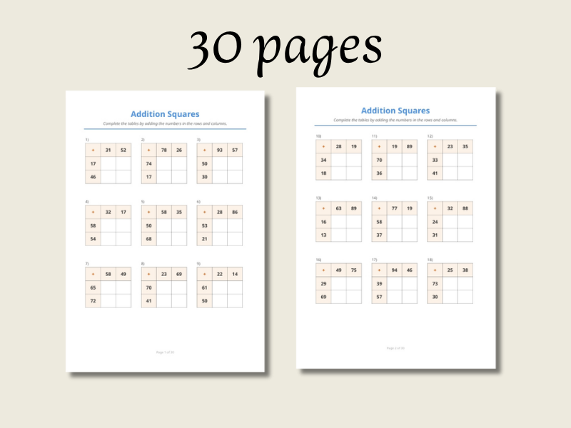 270 Addition Squares: 30-Page Mental Arithmetic Workbook