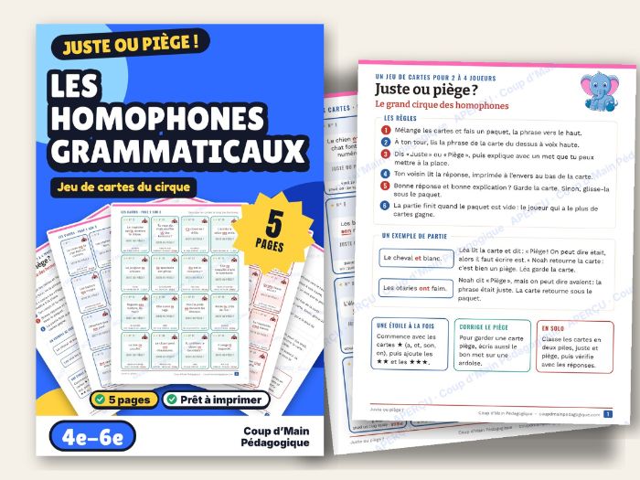 French Homophones Card Game Grade 4-6 Circus Theme | Juste ou piège ?