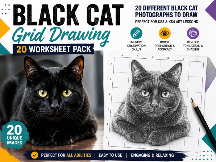 Black Cat Grid Drawing Worksheets | 20 Art Activities | KS3 & KS4 Drawing Skills