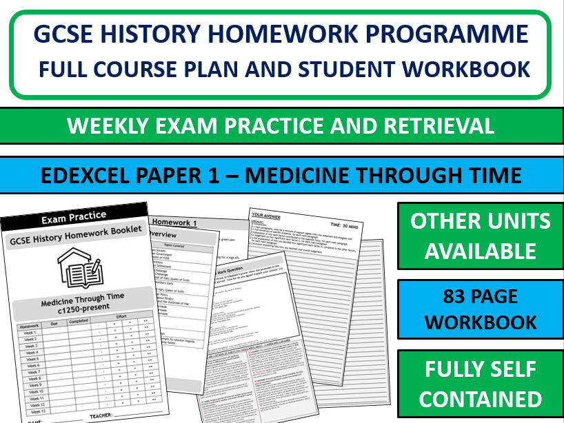 GCSE History Edexcel Medicine and Western Front Weekly Homework Booklet -13 Week Exam Skills Program