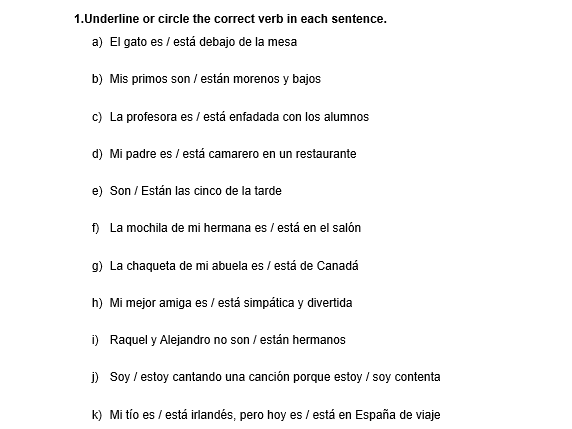 Practice of verbs SER and ESTAR
