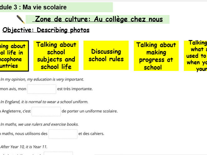 New French AQA Higher GCSE Module 3 Ma vie scolaire Zone de Culture