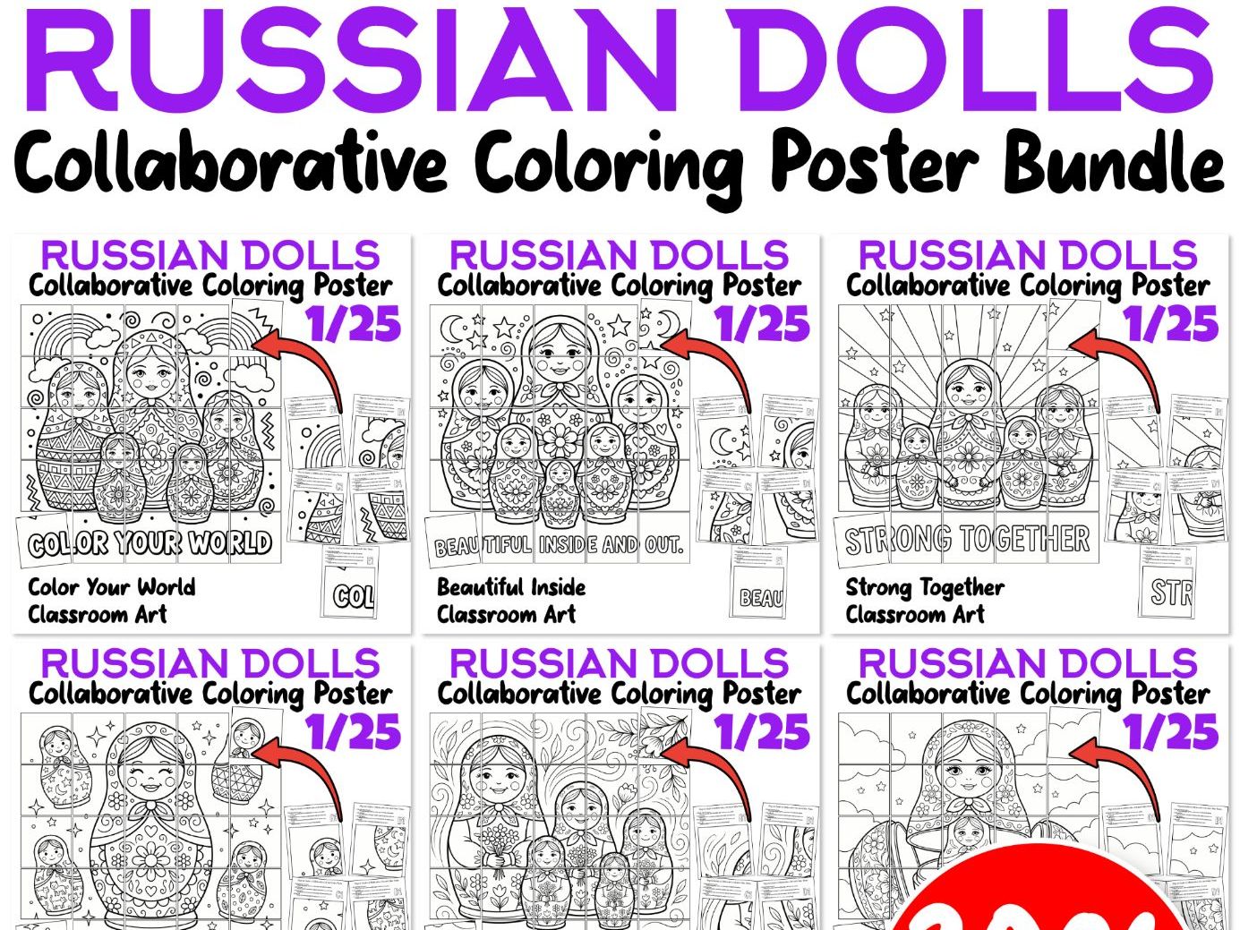 Russian Dolls Collaborative Coloring Posters Bundle | SEL & Classroom Art