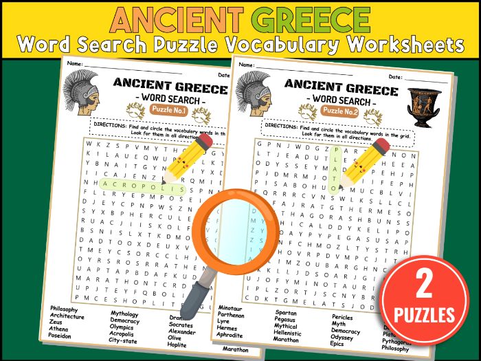 Ancient Greece Word Search Puzzle Activities - Greek Civilization Vocabulary Worksheets