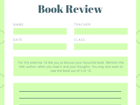 Book Review: English reading and writing. Book review prompt. Suitable for all ages.