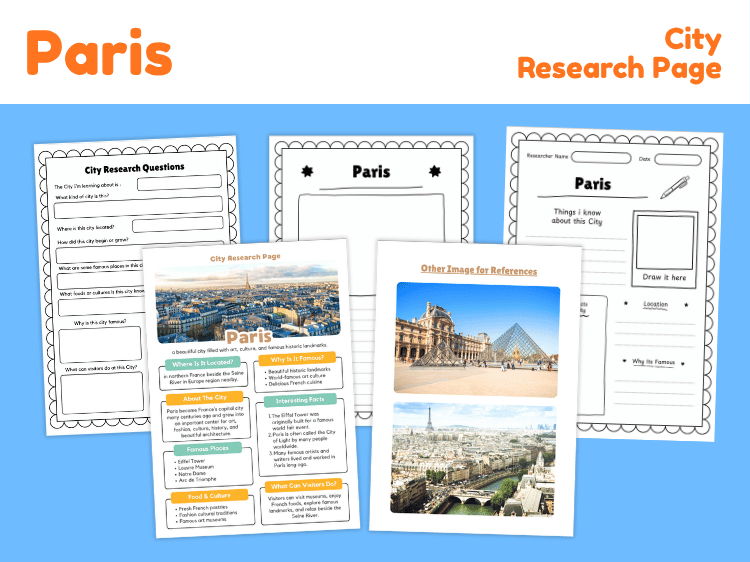 Paris City Research Project | France Geography & Landmark Worksheets