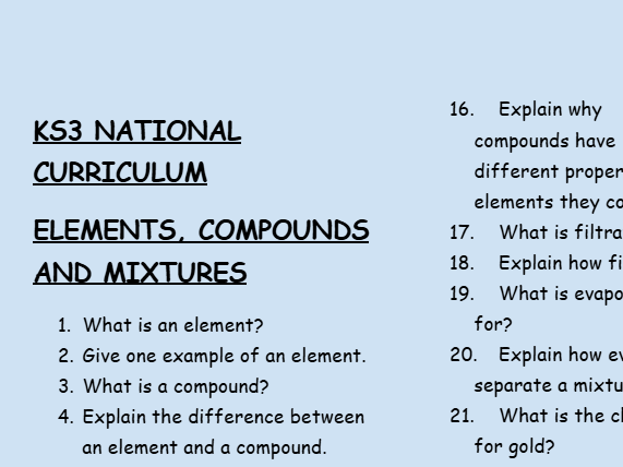 KS3 Chemistry: Elements, Compounds and Mixtures – 30 Question Retrieval Worksheet