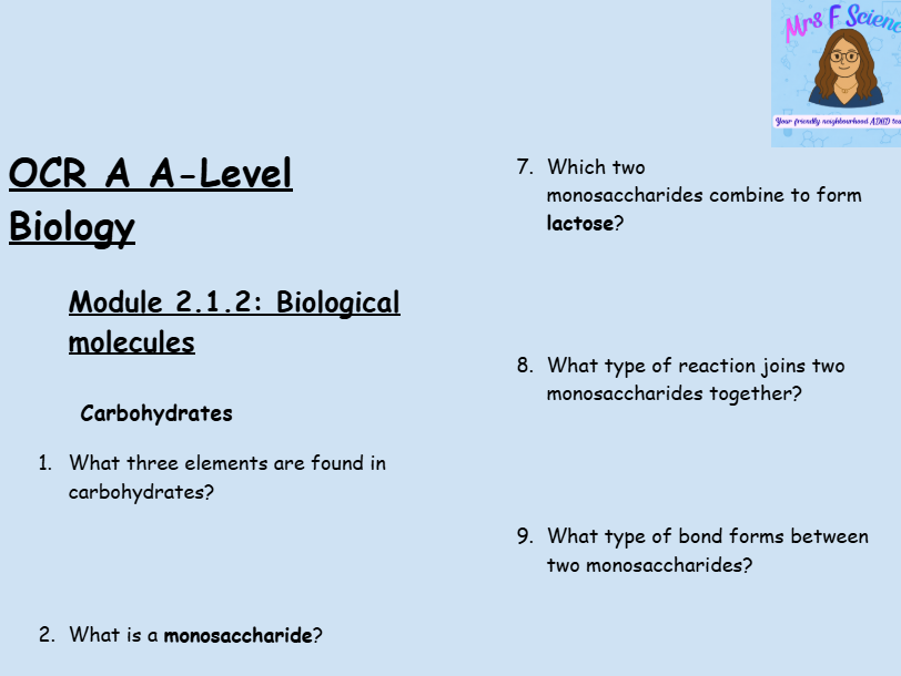 OCR A A-Level Biology: Module 2.1.2 Biological Molecules | 50 Questions & Answers