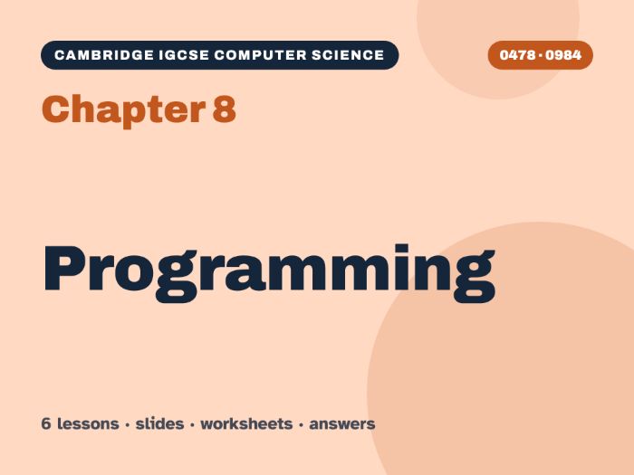 Cambridge IGCSE Computer Science (0478) Chapter 8: Programming – 6 lessons + worksheets