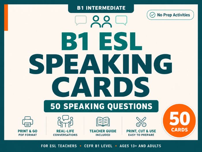 B1 ESL Speaking Cards | 50 Real-Life Conversation Questions | No Prep Activities