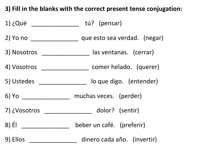 Spanish Stem Change E-->IE Verbs Worksheets