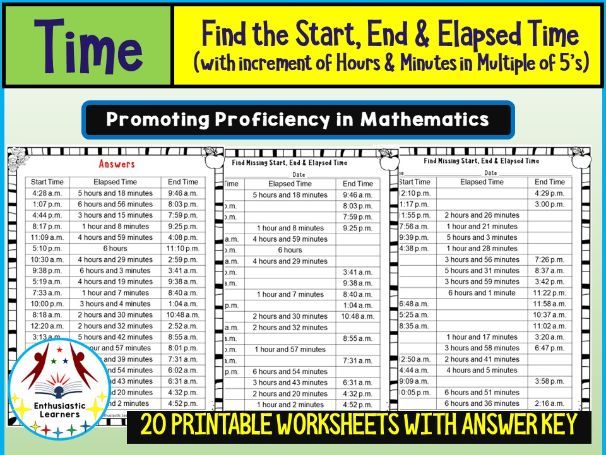 Find the Start, End & Elapsed Time Worksheets (5-Minute & Multiple Hour Increments) Math