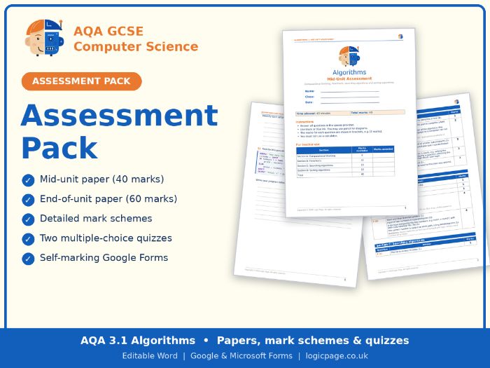 AQA GCSE Computer Science 3.1 Algorithms Assessment Pack