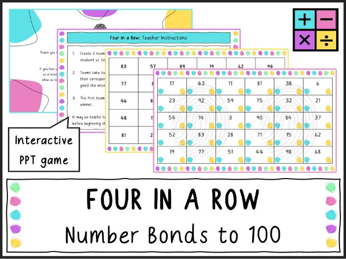 Number Bonds to 100 - Four in a Row Game (KS2/KS3)