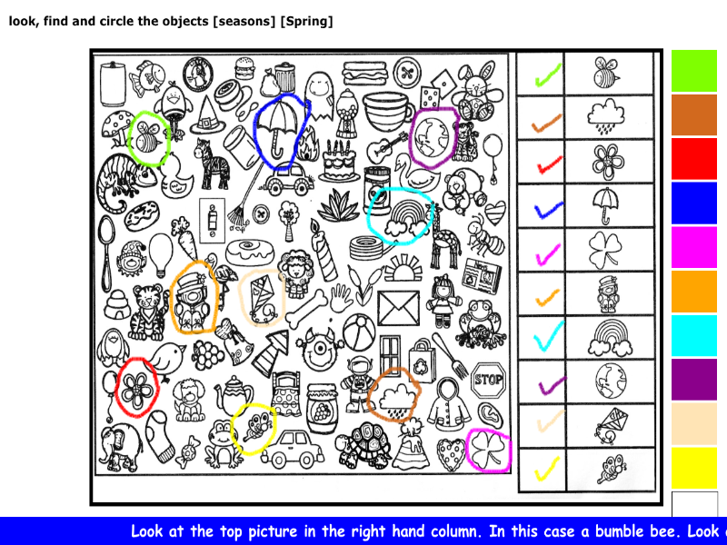 look, find and circle the objects [seasons] [Spring]