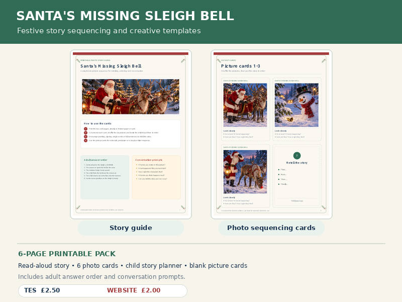 Santa’s Missing Sleigh Bell | Christmas Story Sequencing Cards, Read-Aloud Story & Writing Template