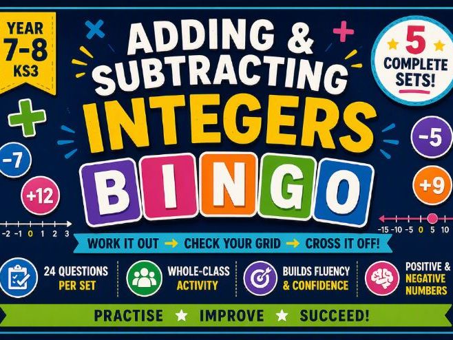 Adding & Subtracting Integers Bingo (Year 7–8 Maths Game)