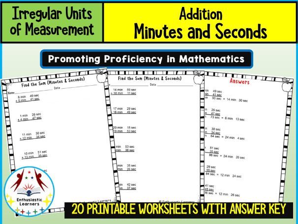 Addition of Irregular Measurement Units – Minutes and Seconds | Worksheets Practice Activity