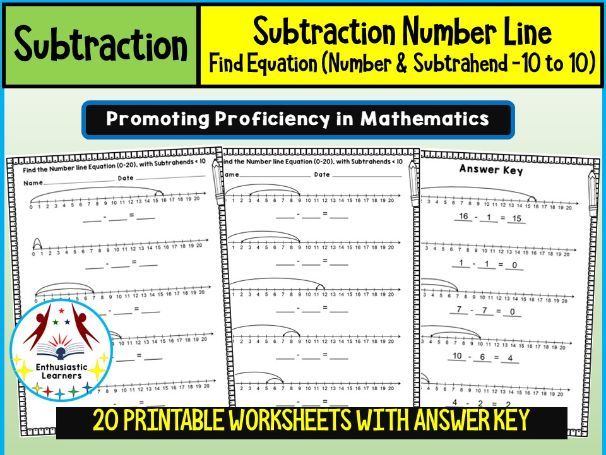 Find the Number Line Subtraction Equation Worksheets (Numbers and Subtrahends from -10 to 10) Activi