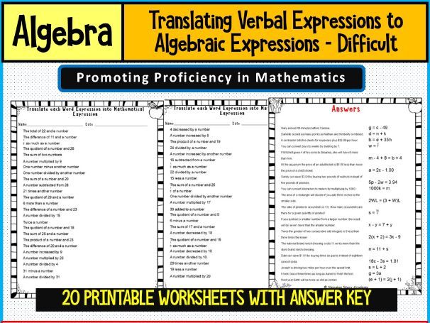 Translating Verbal Expressions to Algebraic Expressions – Worksheets Math Problems Difficult