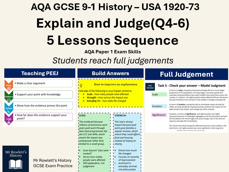 AQA History USA Explain & Judge Q4-6 | 5 Lessons | Writing and Model Answers | PEEJ Method