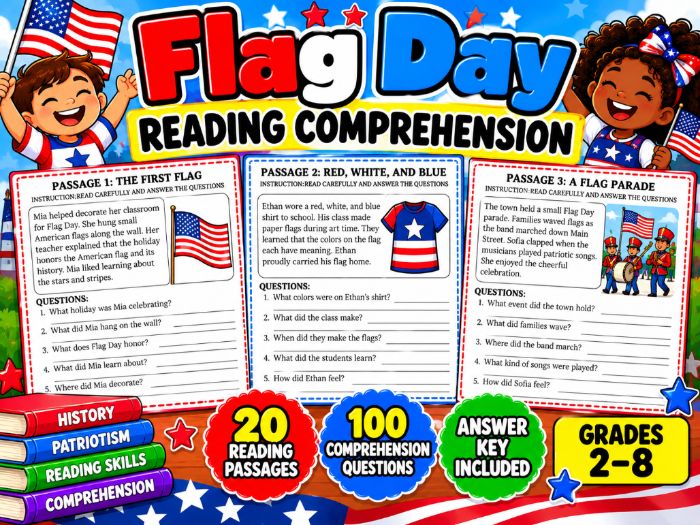 Flag Day Reading Comprehension Passages | 20 Worksheets with Answer Key