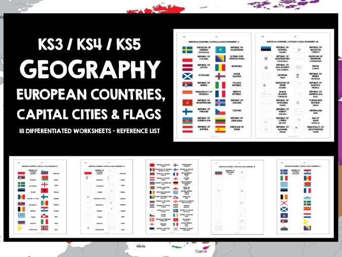 GEOGRAPHY EUROPE COUNTRIES, CAPITALS & FLAGS WORKSHEETS