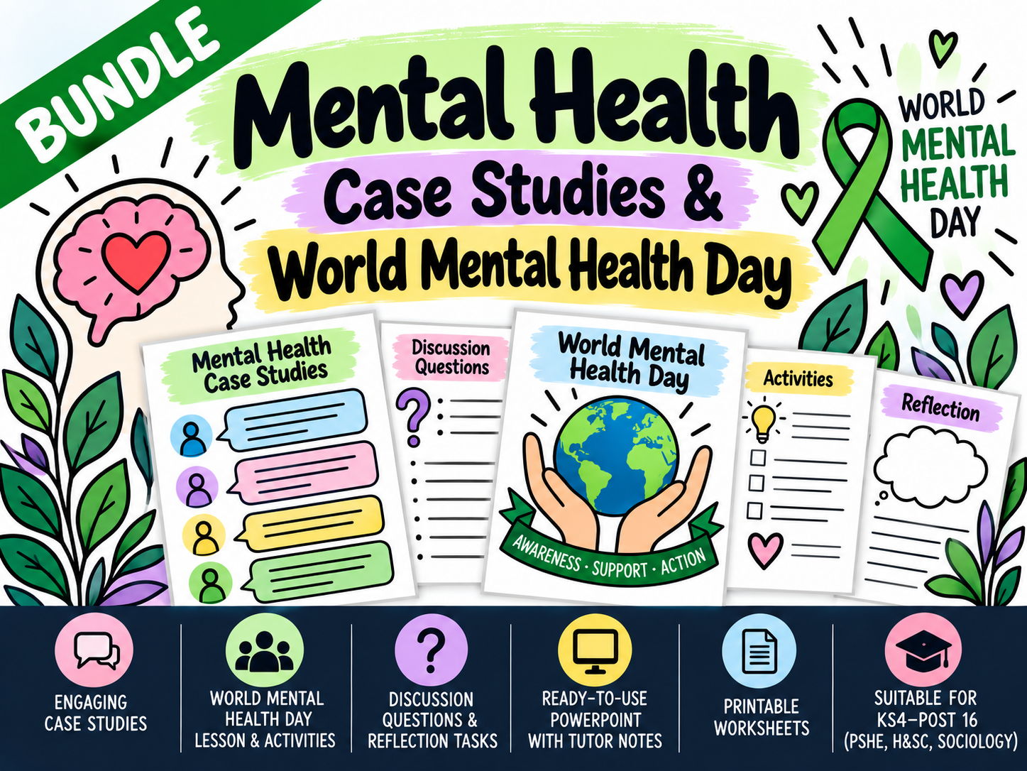 Mental Health Awareness & Wellbeing Bundle | Case Studies + World Mental Health Day | KS4–5