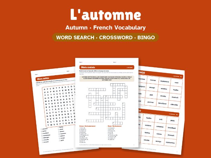Autumn in French: Word Search, Crossword & Bingo