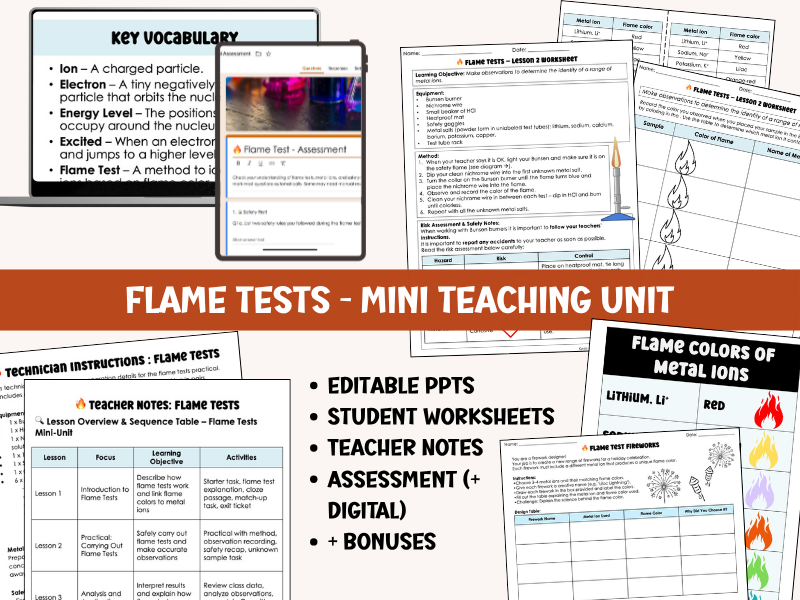 KS3 Chemistry Flame Tests Mini Unit (3 Lessons, Practical, Worksheets & Assessment)