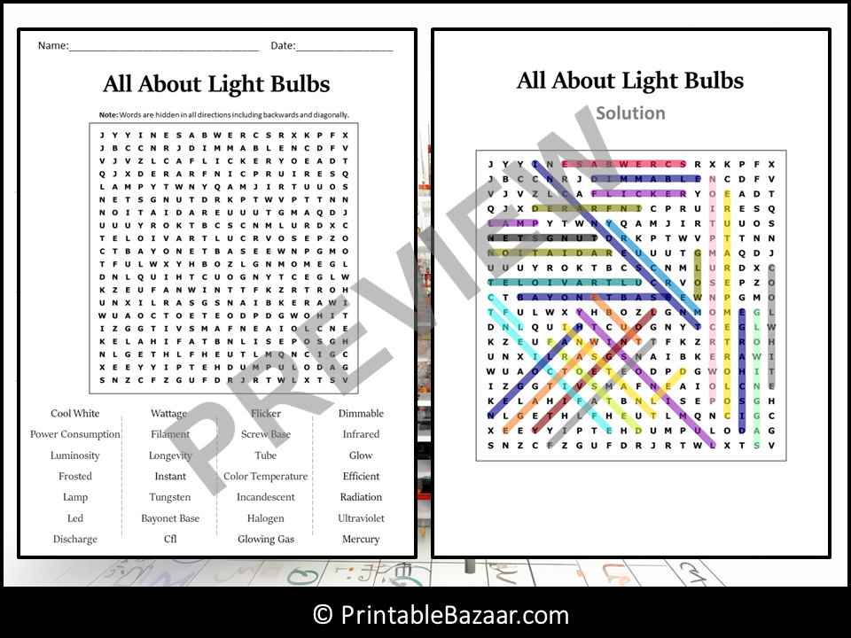 All About Light Bulbs Word Search Puzzle Worksheet Activity Teaching