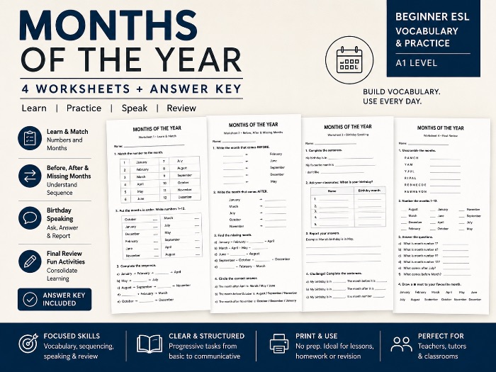 Months of the Year Worksheets | ESL Beginners | Sequencing, Birthday Speaking & Review