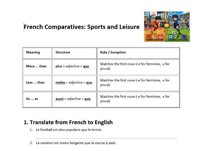 French - French Comparatives (topic Sports and hobbies) worksheet