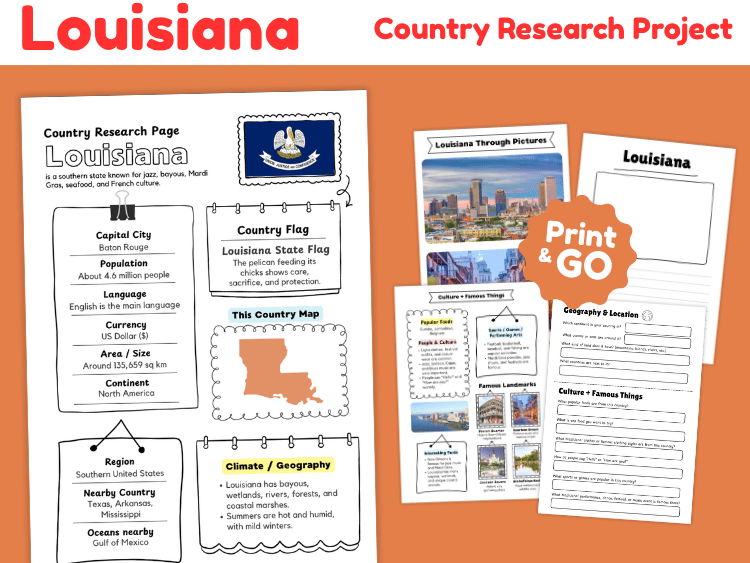 Louisiana State Research Project | US Geography & State Study Worksheets
