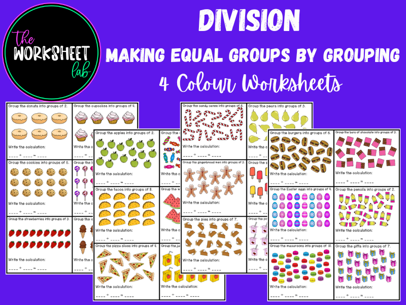 Division: Making Equal Groups by Grouping Worksheets in Colour