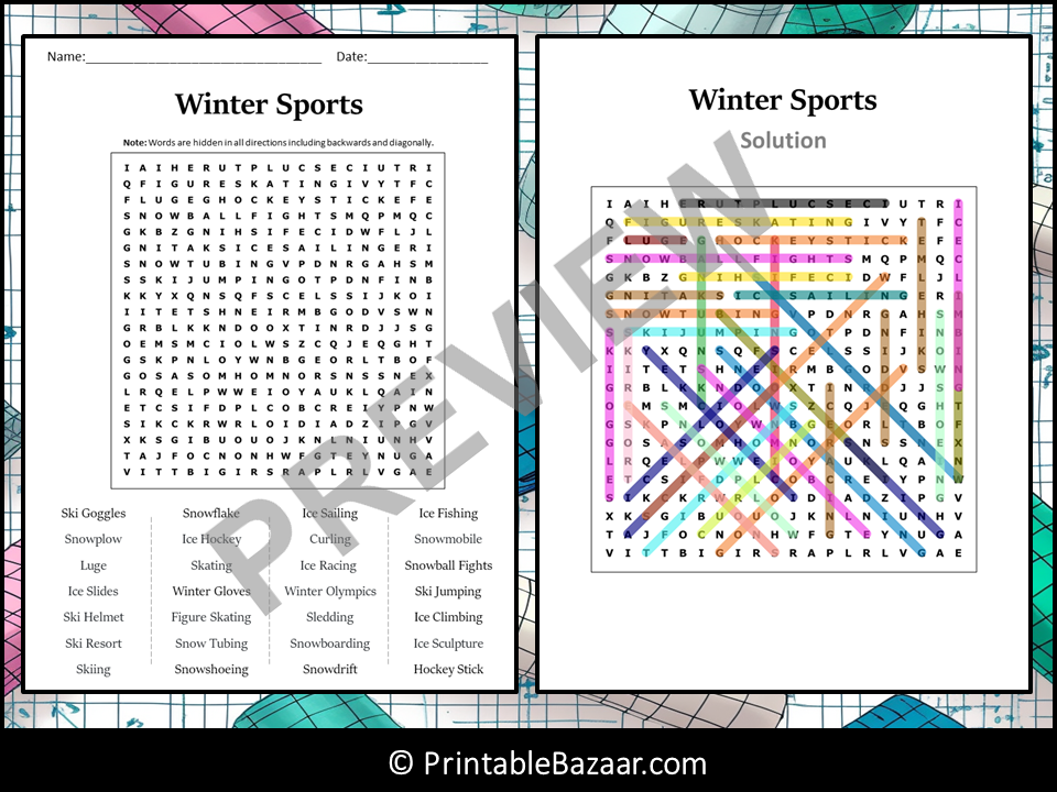 Winter Sports Word Search Puzzle Worksheet Activity Teaching Resources