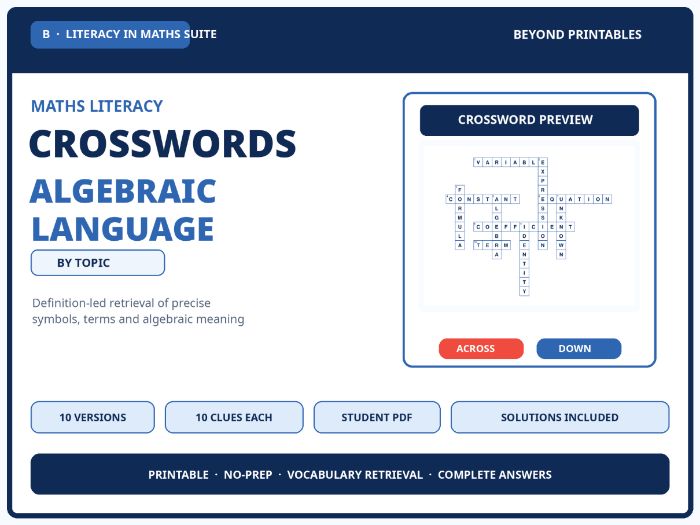Algebraic Language Maths Crosswords | 10 Vocabulary Puzzles with Solutions