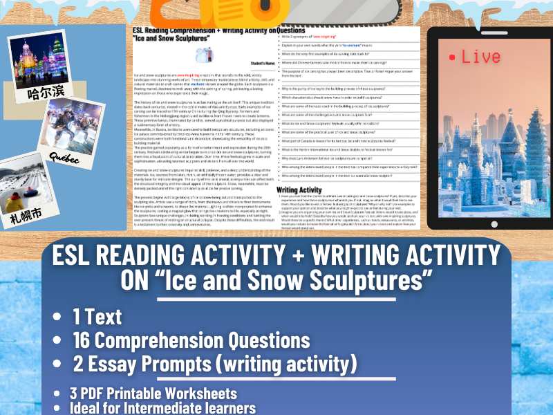 ESL Reading Comprehension + Writing Activity Worksheet - Ice and Snow Sculptures