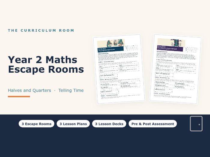 Year 2 Maths Escape Rooms: Halves and Quarters, Telling Time