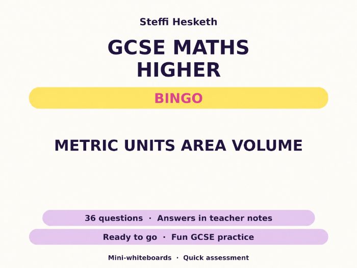 Metric Units Area Volume GCSE Maths Higher Bingo