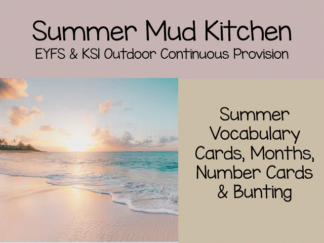 Summer Mud Kitchen Set: EYFS outdoor learning numbers, vocabulary & bunting