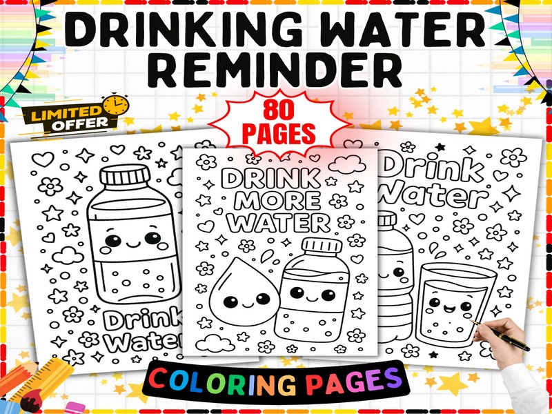 Drinking Water Coloring Pages | 80 Page Coloring Sheets | Bottles Cups and Healthy Habits