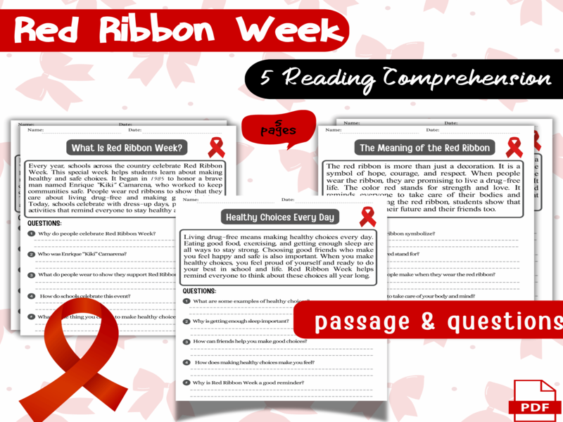 Red Ribbon Week Reading Passages & Questions Worksheet Drug Prevention Awareness