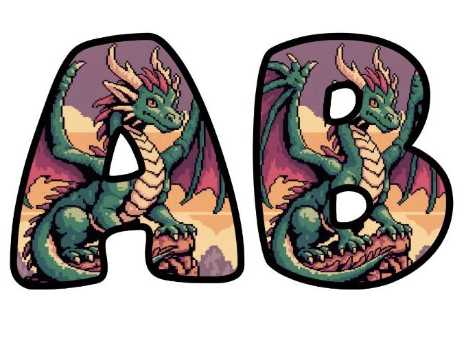 Retro 8-Bit Pixel Green Dragon Alphabet Letters | Classroom Display, A-Z 0-9 and Signs