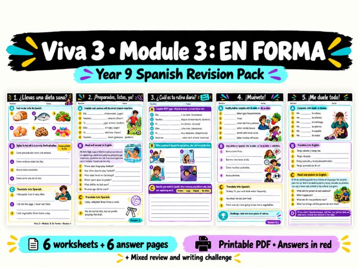 Viva 3 - Module 3 - En forma – Year 9 Spanish Revision Worksheets with Answers